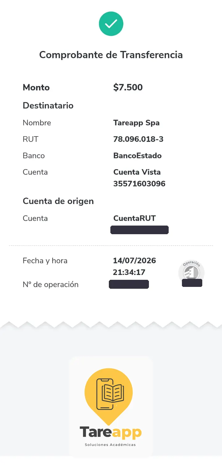 Comprobante de pago de $7.500 a Tareapp, julio 2026