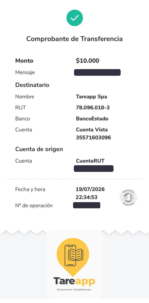 Comprobante de pago de $10.000 a Tareapp, julio 2026