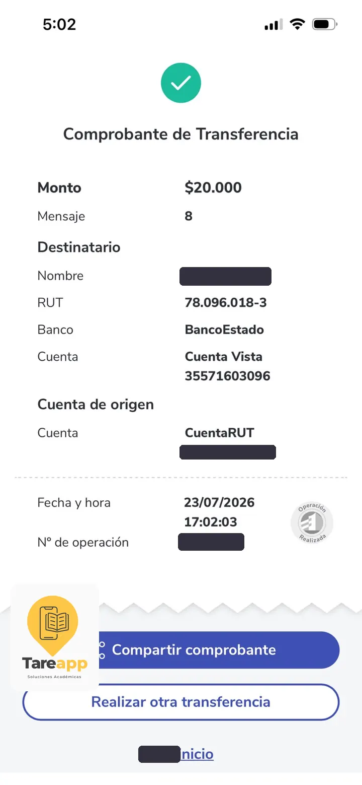 Comprobante de pago de $20.000 a Tareapp, julio 2026
