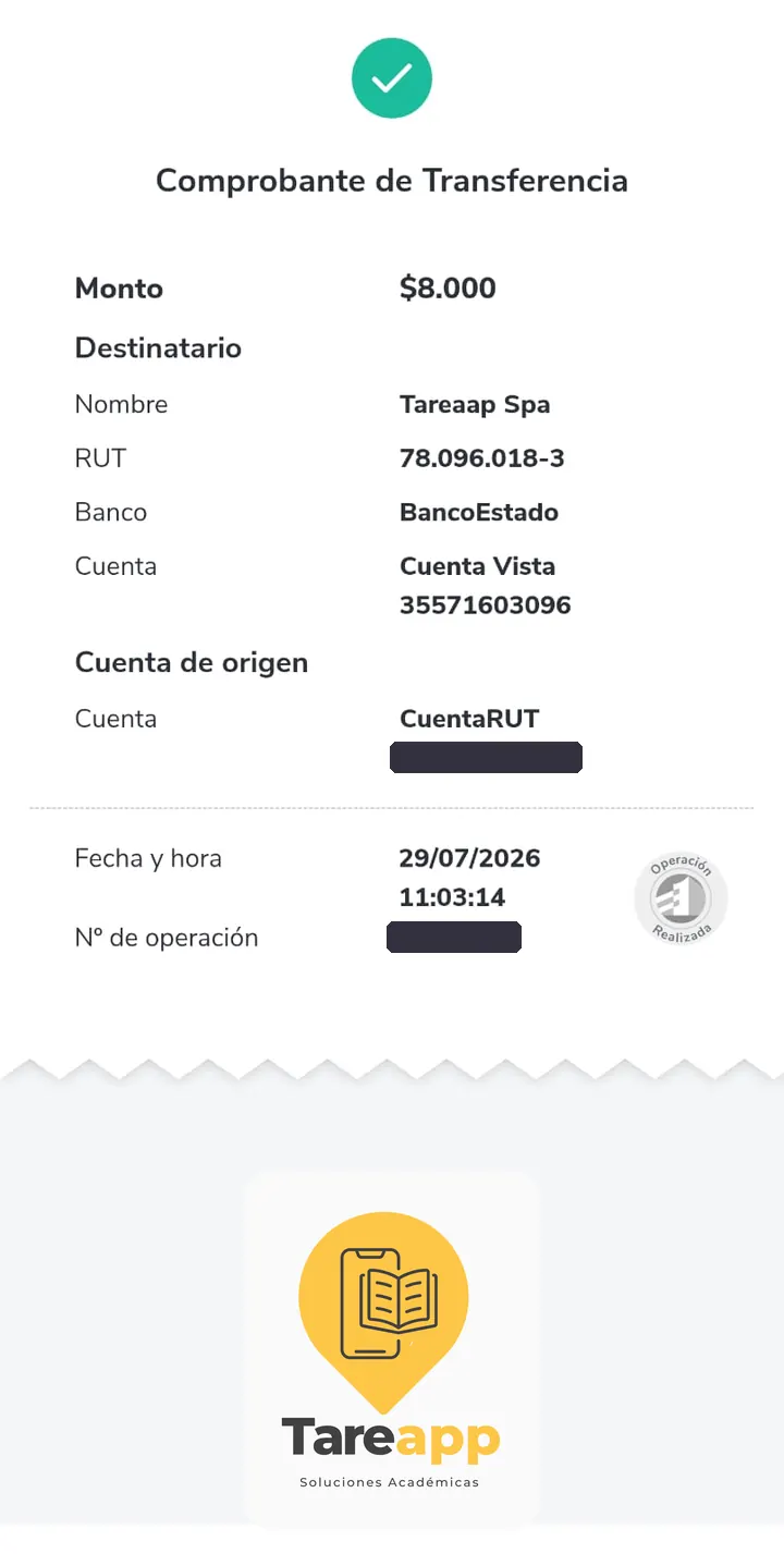Comprobante de pago de $8.000 a Tareapp, julio 2026