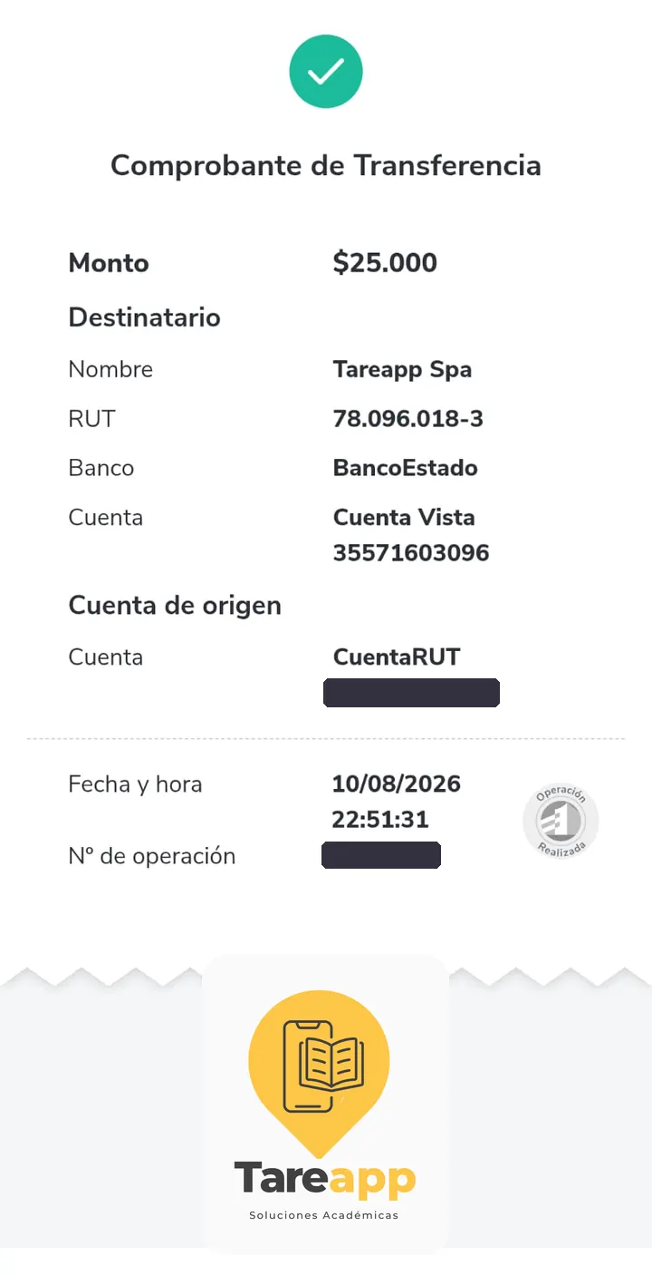 Comprobante de pago de $25.000 a Tareapp, agosto 2026