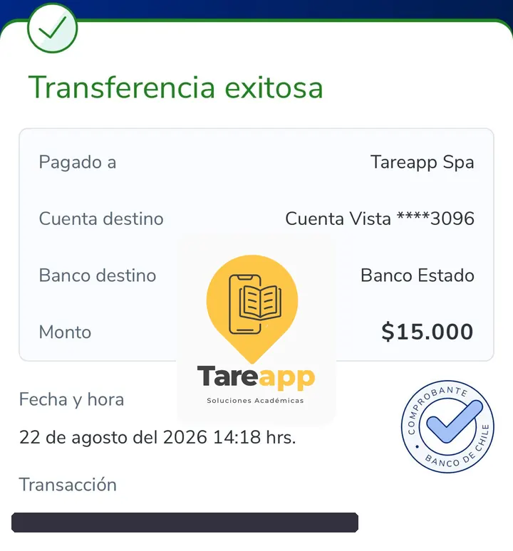 Comprobante de pago de $15.000 a Tareapp, agosto 2026