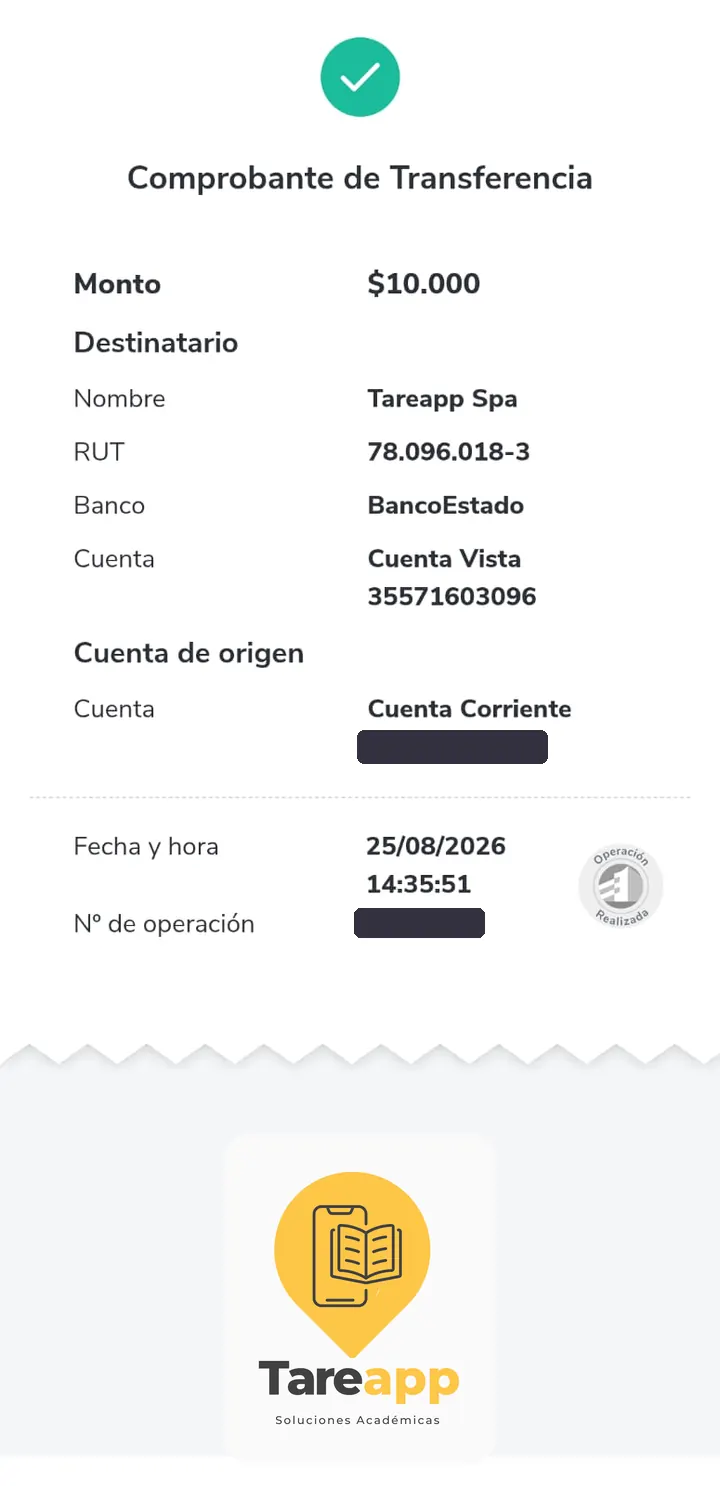 Comprobante de pago de $10.000 a Tareapp, agosto 2026
