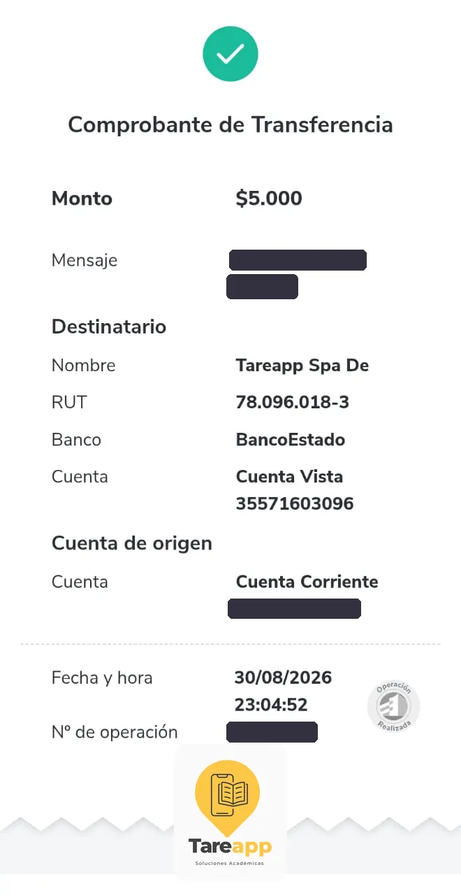 Comprobante de pago de $5.000 a Tareapp, agosto 2026