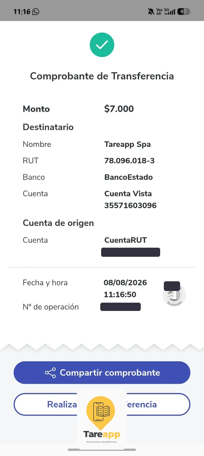 Comprobante de pago de $7.000 a Tareapp, agosto 2026