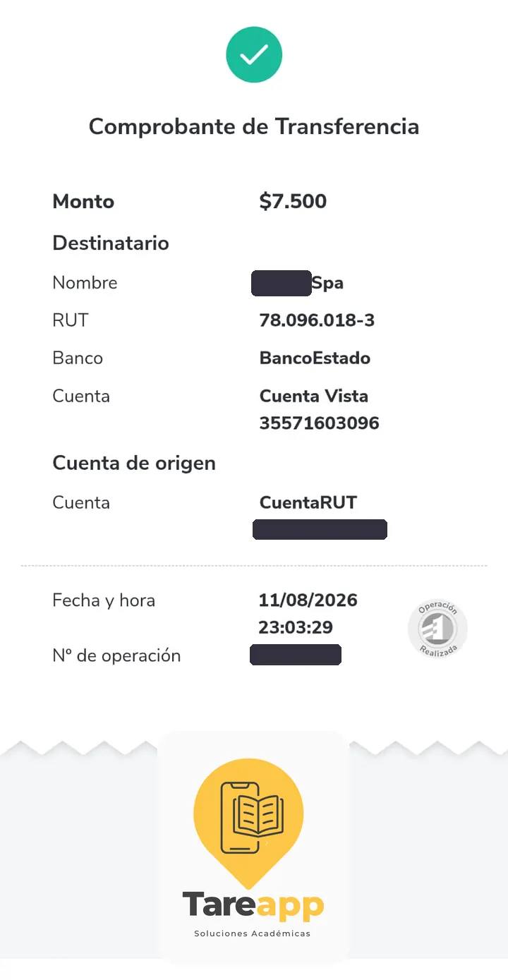 Comprobante de pago de $7.500 a Tareapp, agosto 2026