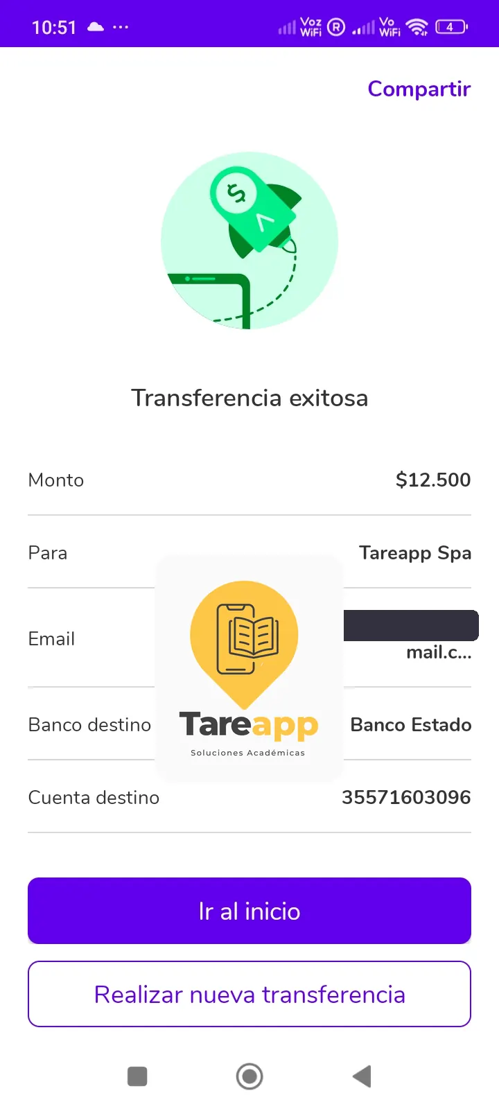 Comprobante de pago de $12.500 a Tareapp, agosto 2026