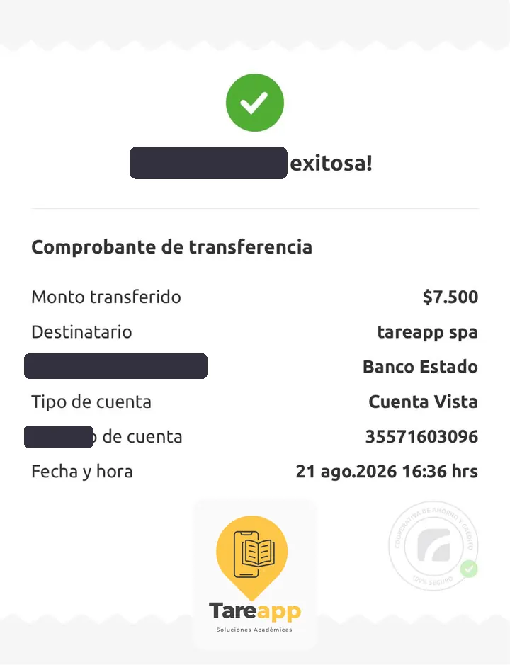 Comprobante de pago de $7.500 a Tareapp, agosto 2026
