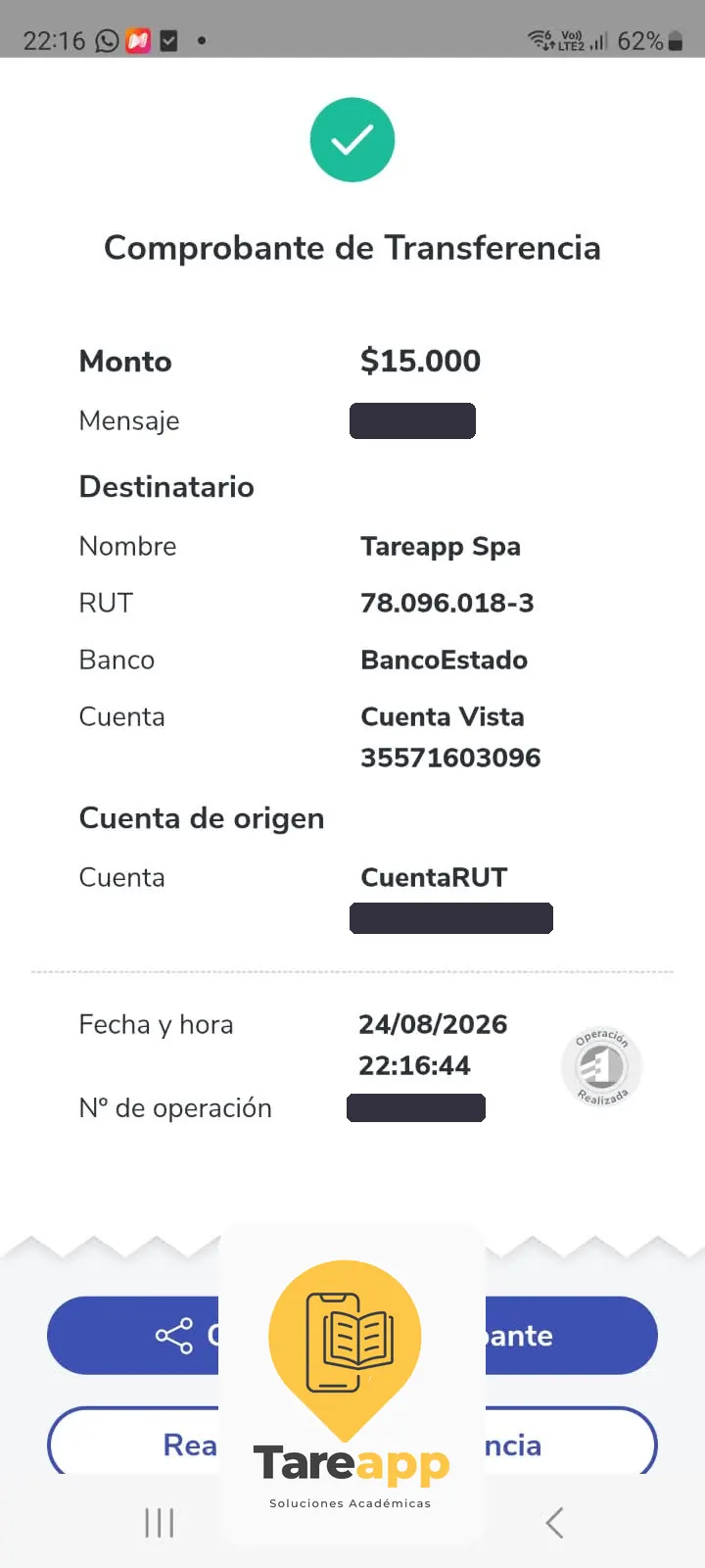 Comprobante de pago de $15.000 a Tareapp, agosto 2026