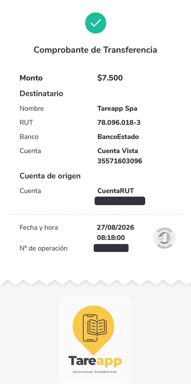 Comprobante de pago de $7.500 a Tareapp, agosto 2026
