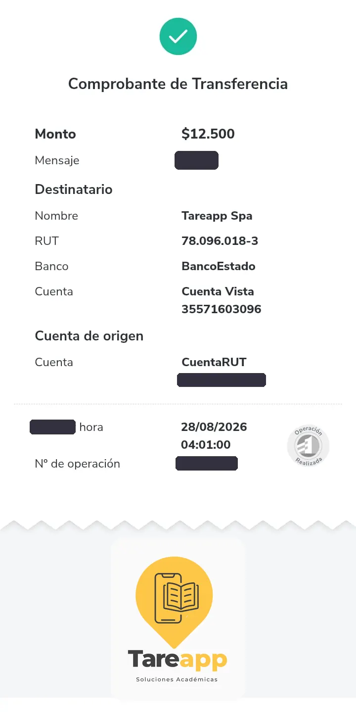 Comprobante de pago de $12.500 a Tareapp, agosto 2026
