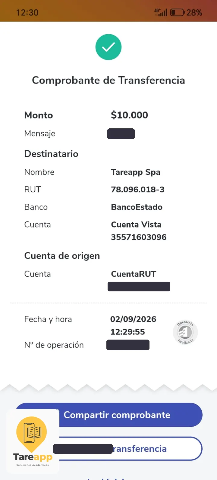 Comprobante de pago de $10.000 a Tareapp, septiembre 2026