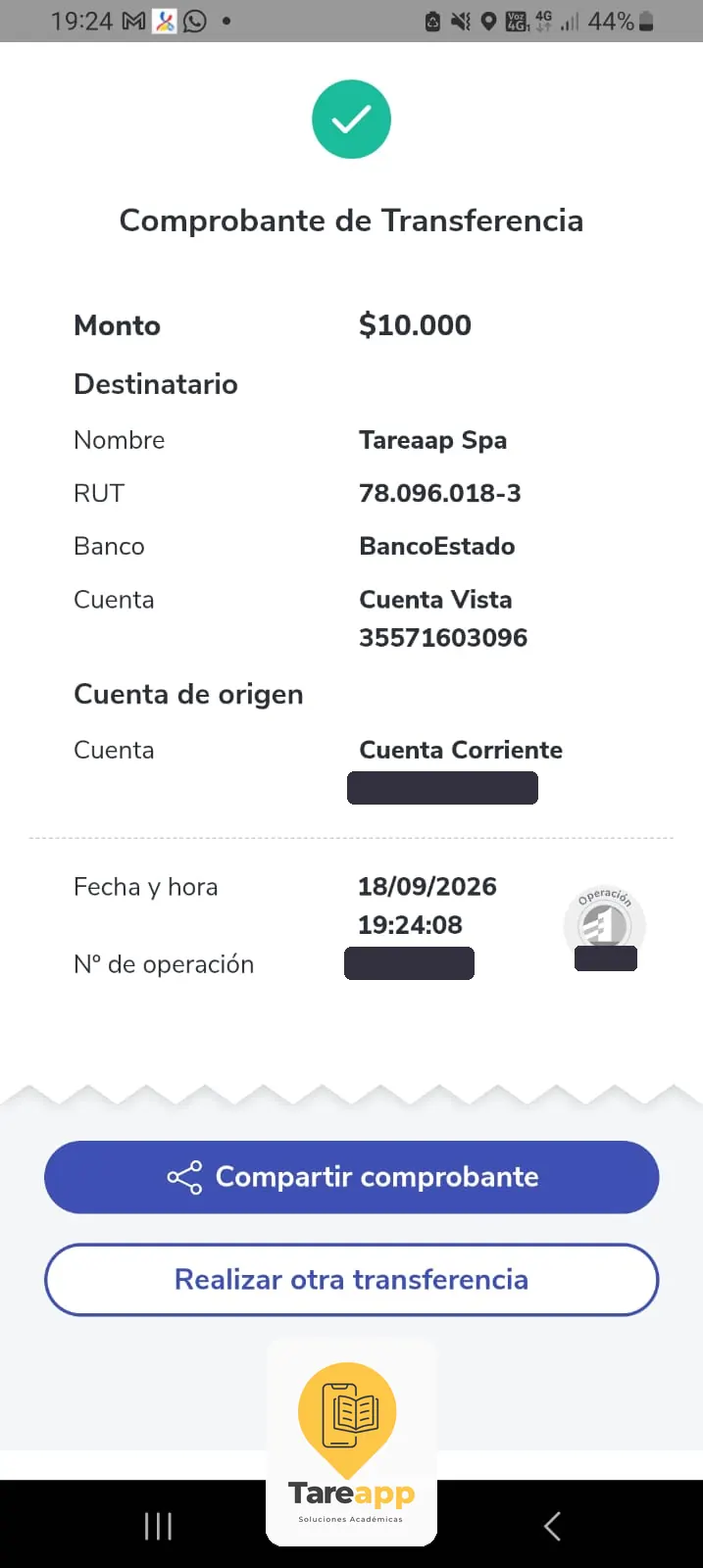 Comprobante de pago de $10.000 a Tareapp, septiembre 2026