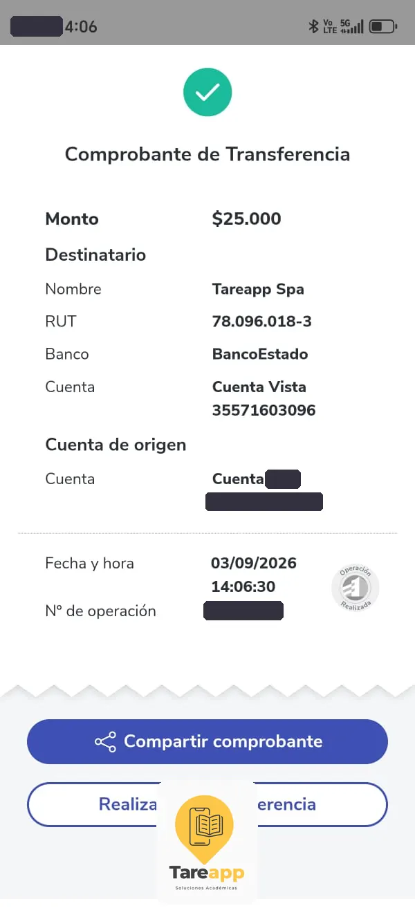 Comprobante de pago de $25.000 a Tareapp, septiembre 2026