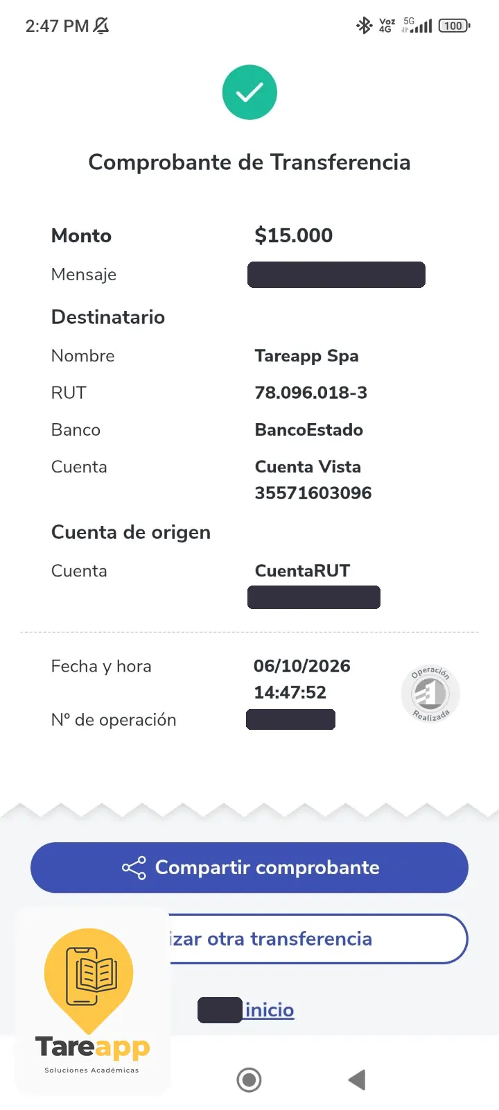 Comprobante de pago de $15.000 a Tareapp, octubre 2026
