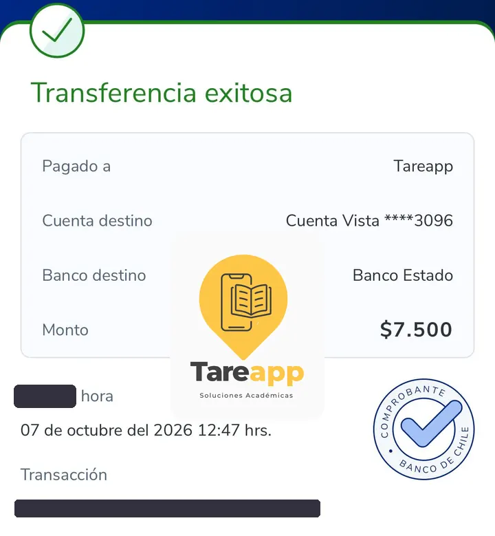 Comprobante de pago de $7.500 a Tareapp, octubre 2026