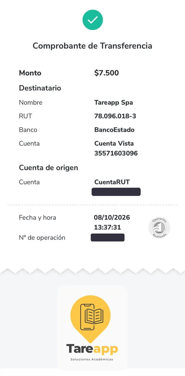 Comprobante de pago de $7.500 a Tareapp, octubre 2026