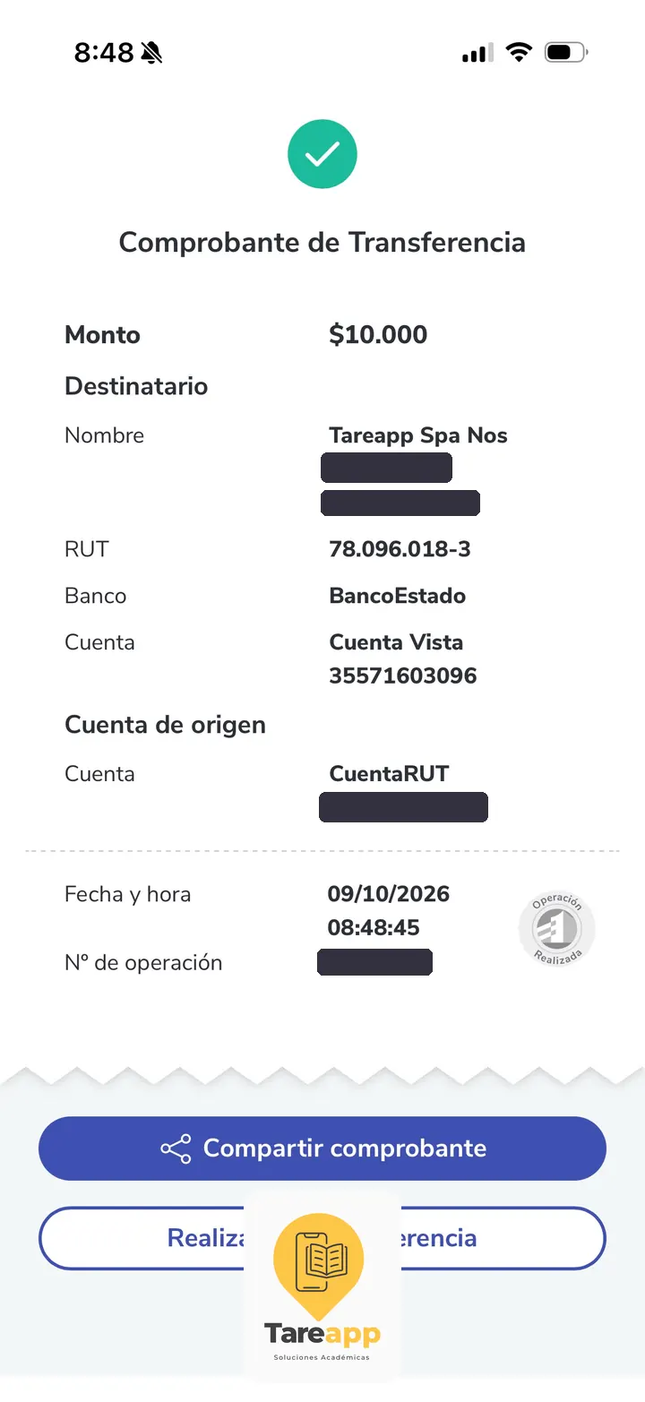 Comprobante de pago de $10.000 a Tareapp, octubre 2026