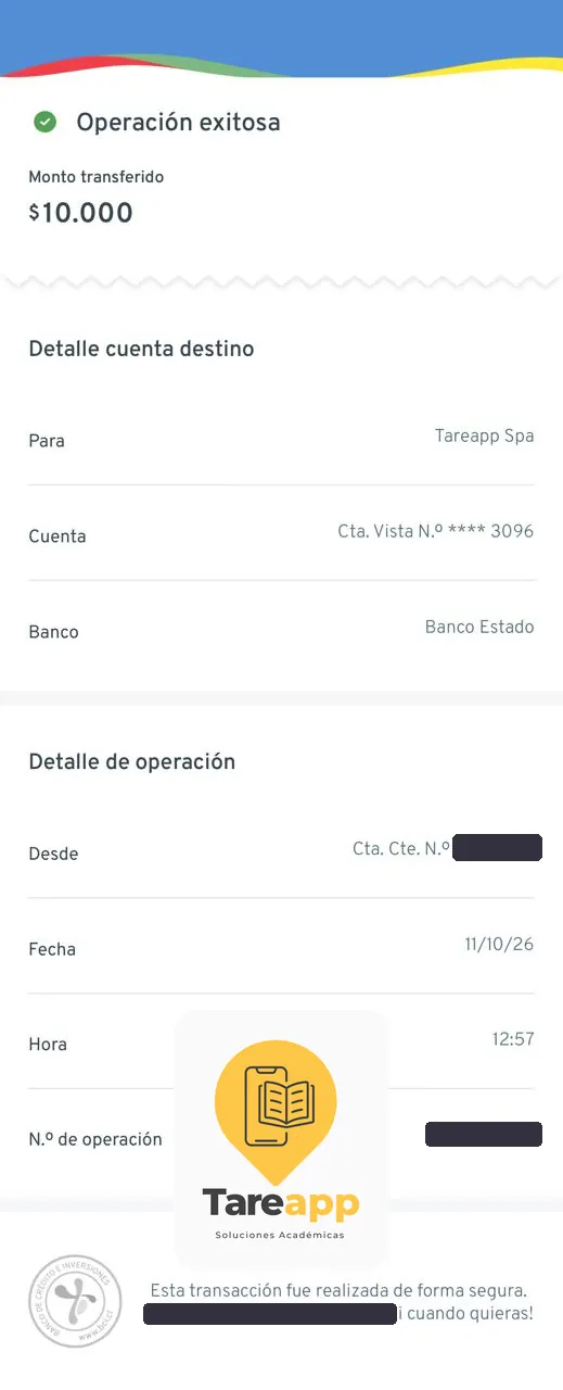 Comprobante de pago de $10.000 a Tareapp, octubre 2026