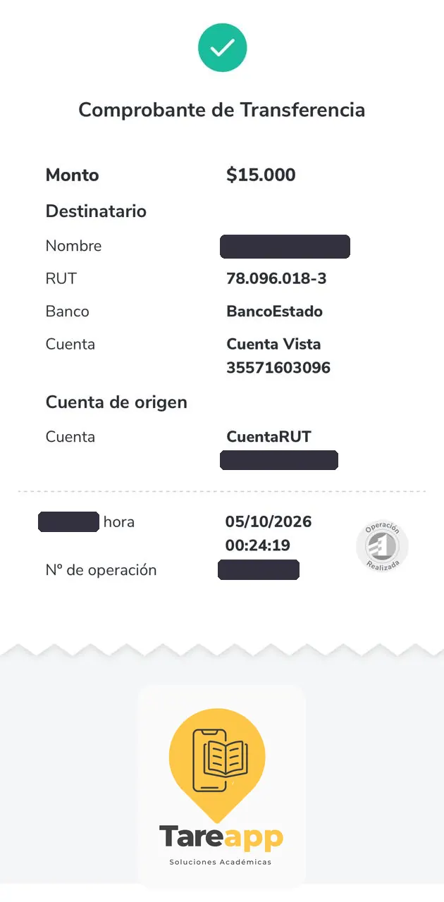 Comprobante de pago de $15.000 a Tareapp, octubre 2026