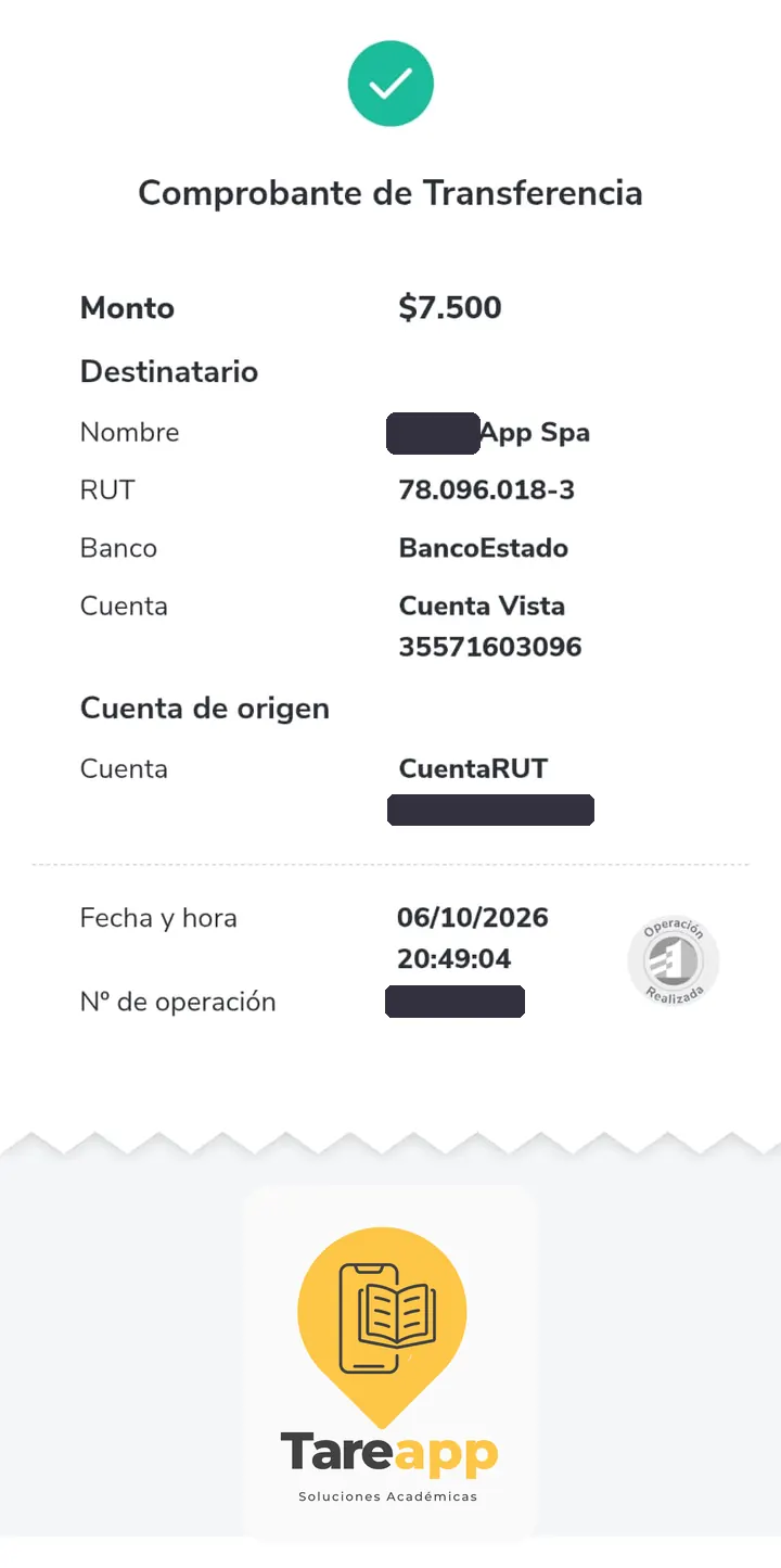 Comprobante de pago de $7.500 a Tareapp, octubre 2026