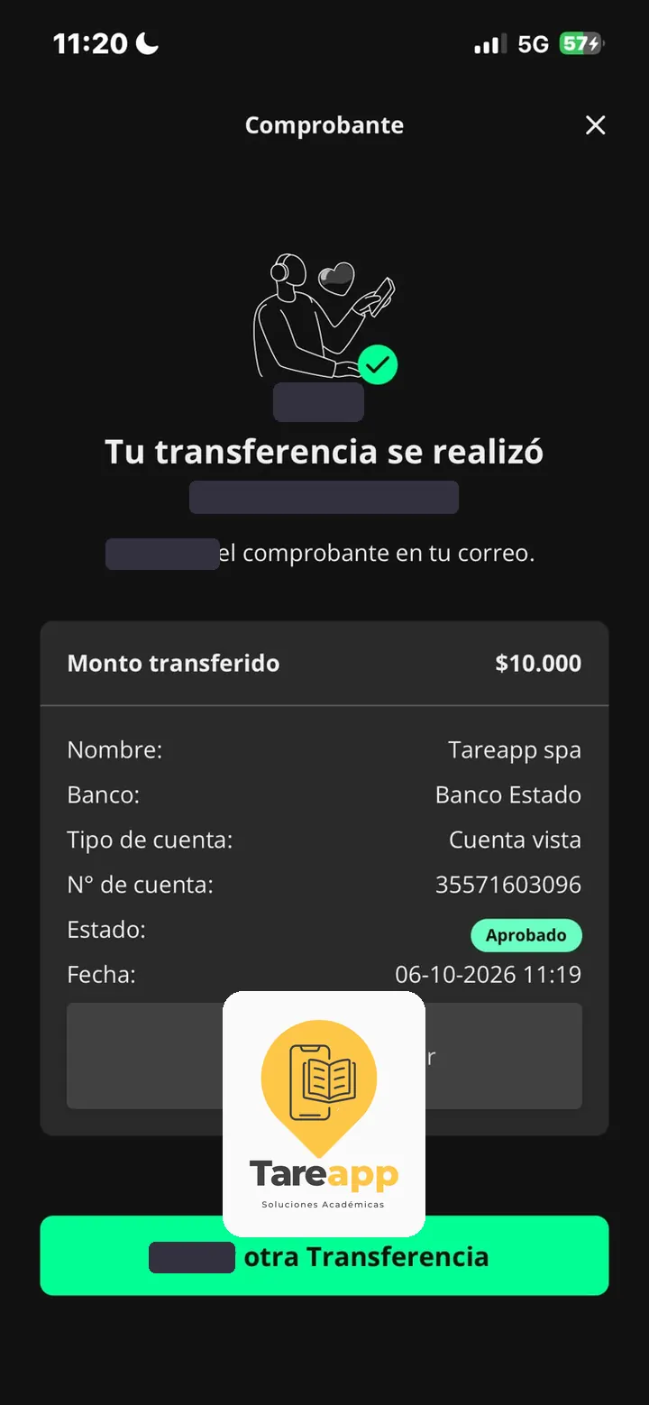 Comprobante de pago de $10.000 a Tareapp, octubre 2026