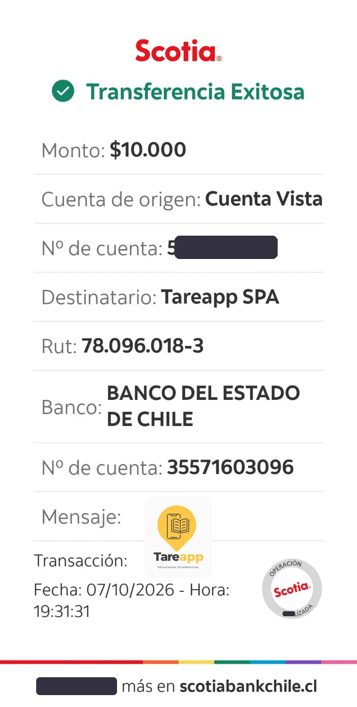 Comprobante de pago de $10.000 a Tareapp, octubre 2026