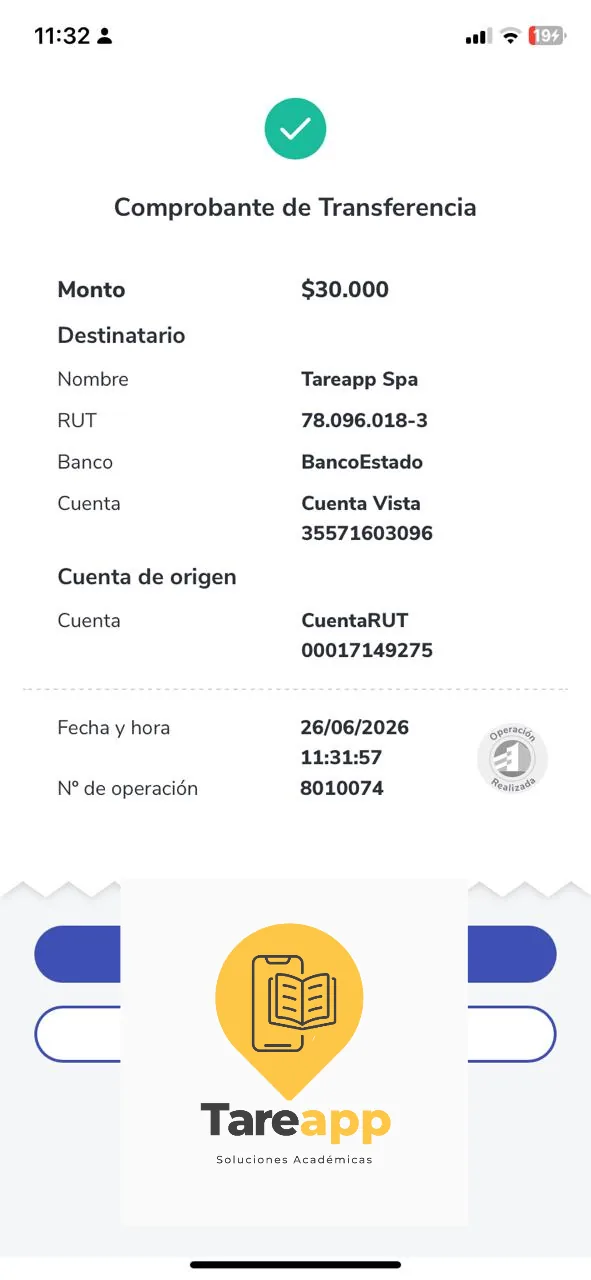 Comprobante de pago de cliente de Tareapp