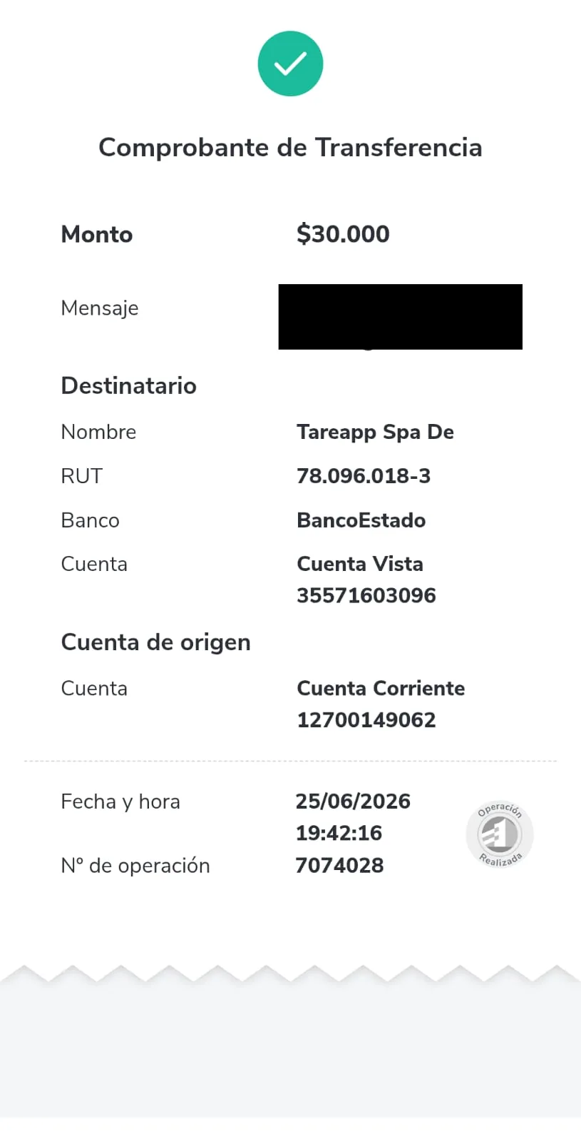 Comprobante de pago de cliente de Tareapp