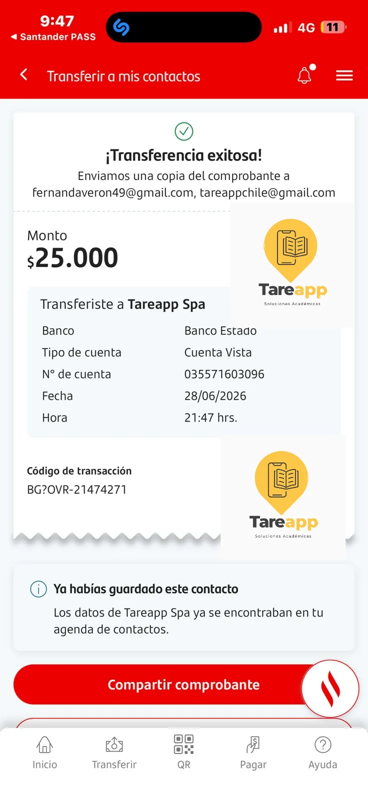 Comprobante de pago de cliente de Tareapp