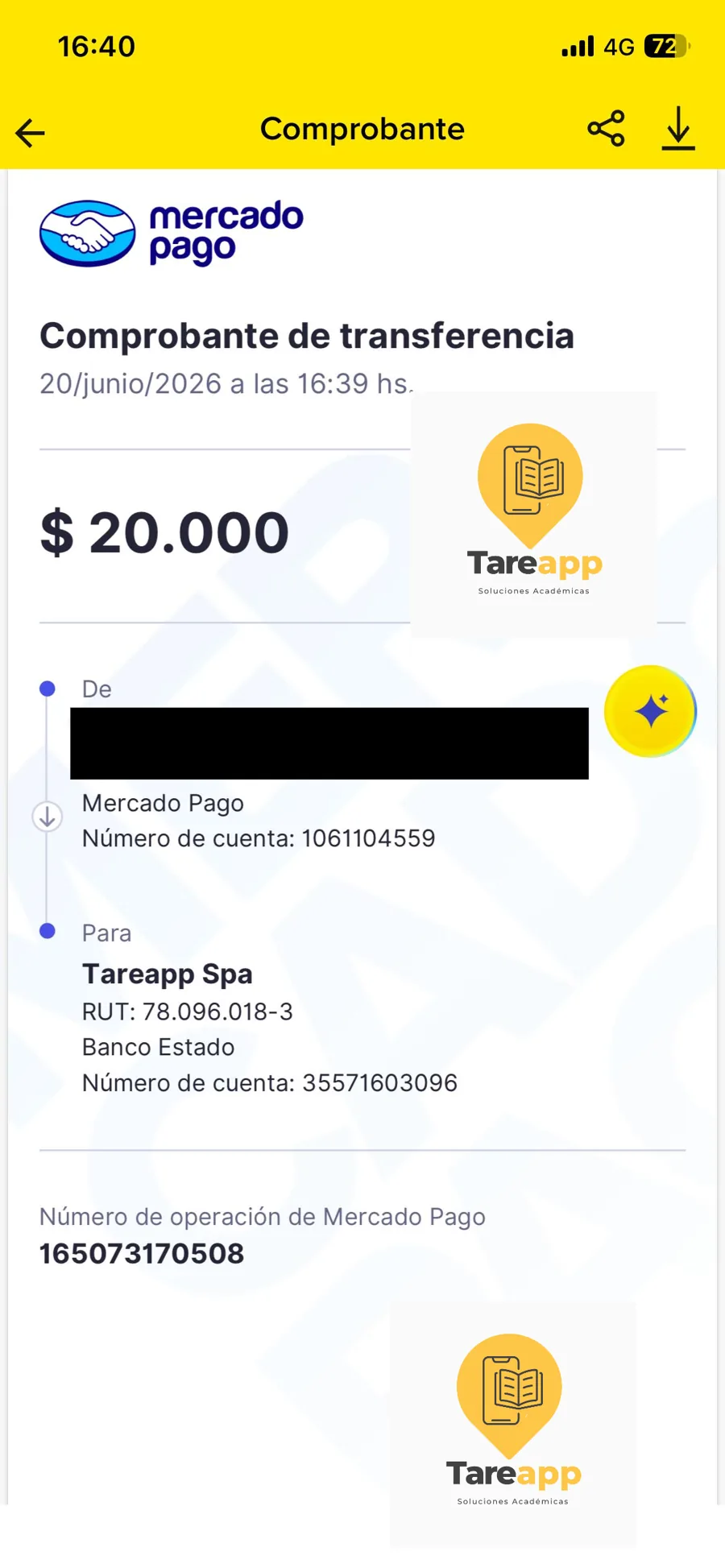 Comprobante de pago de cliente de Tareapp