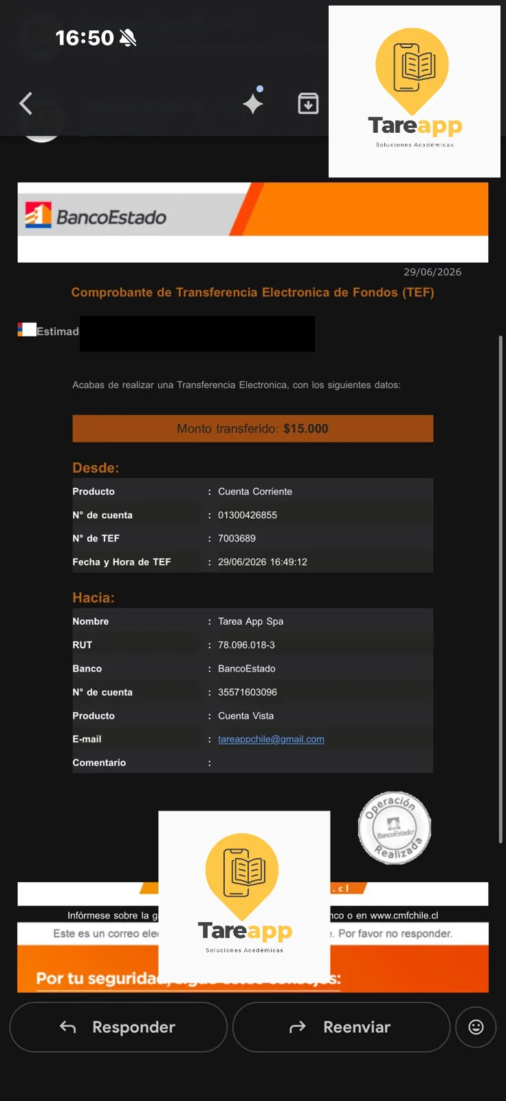 Comprobante de pago de cliente de Tareapp