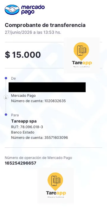 Comprobante de pago de cliente de Tareapp