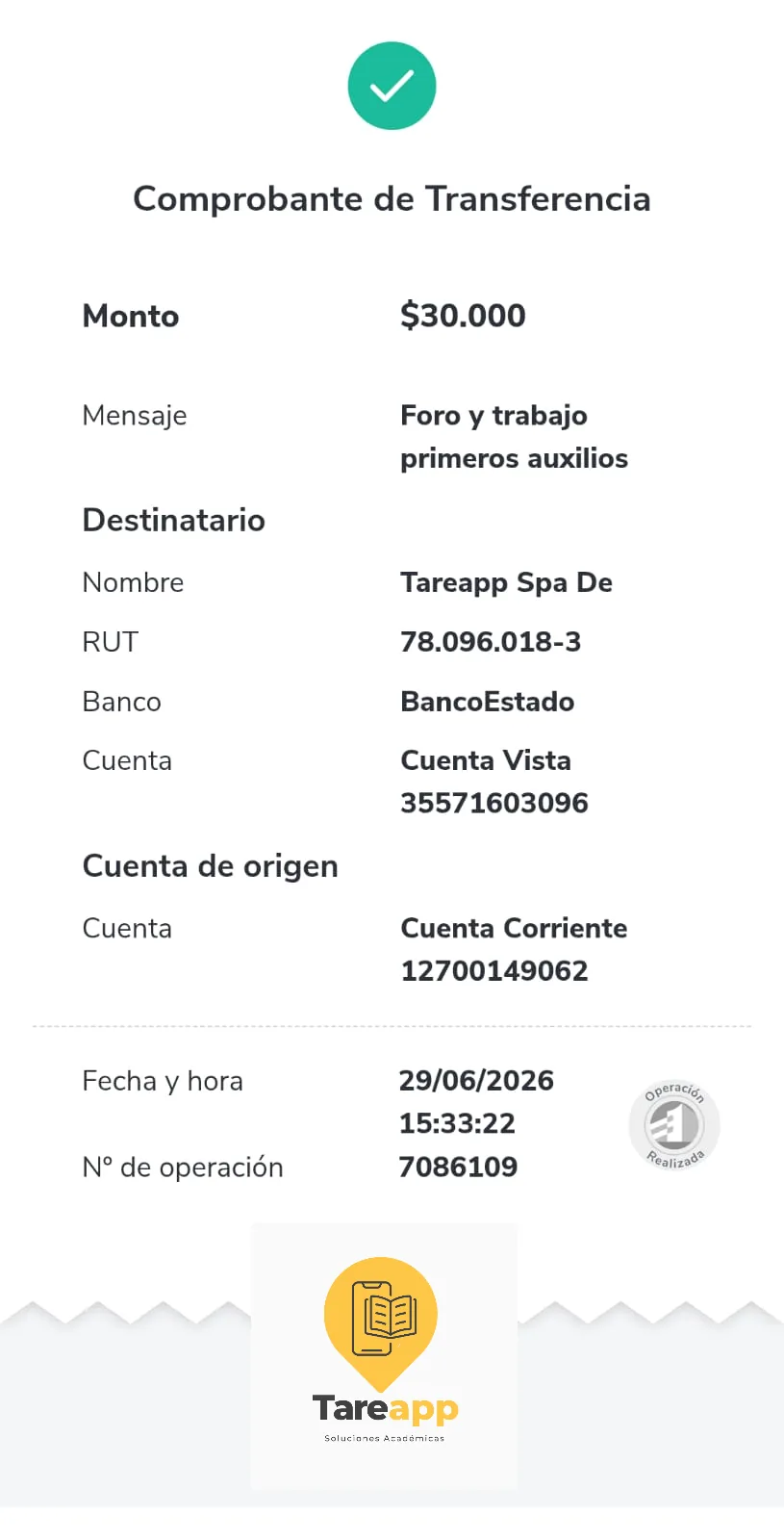 Comprobante de pago de cliente de Tareapp