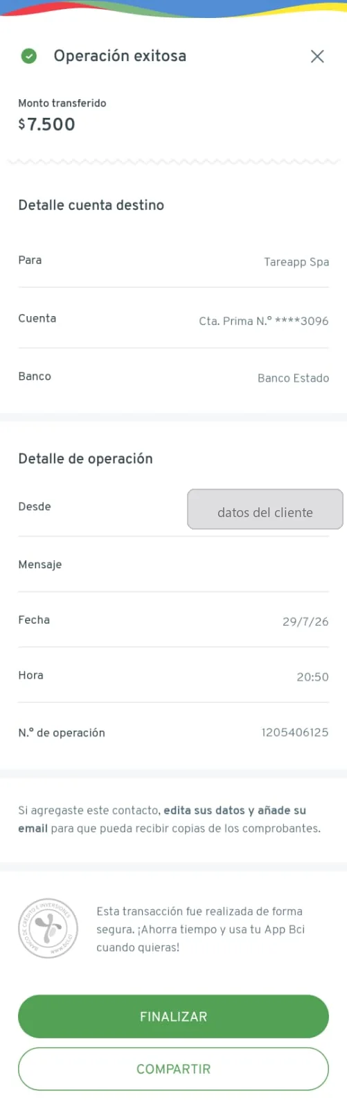 Ejemplo de comprobante de transferencia de Bci