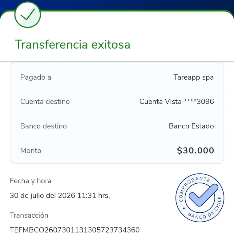 Ejemplo de comprobante de transferencia de Banco de Chile