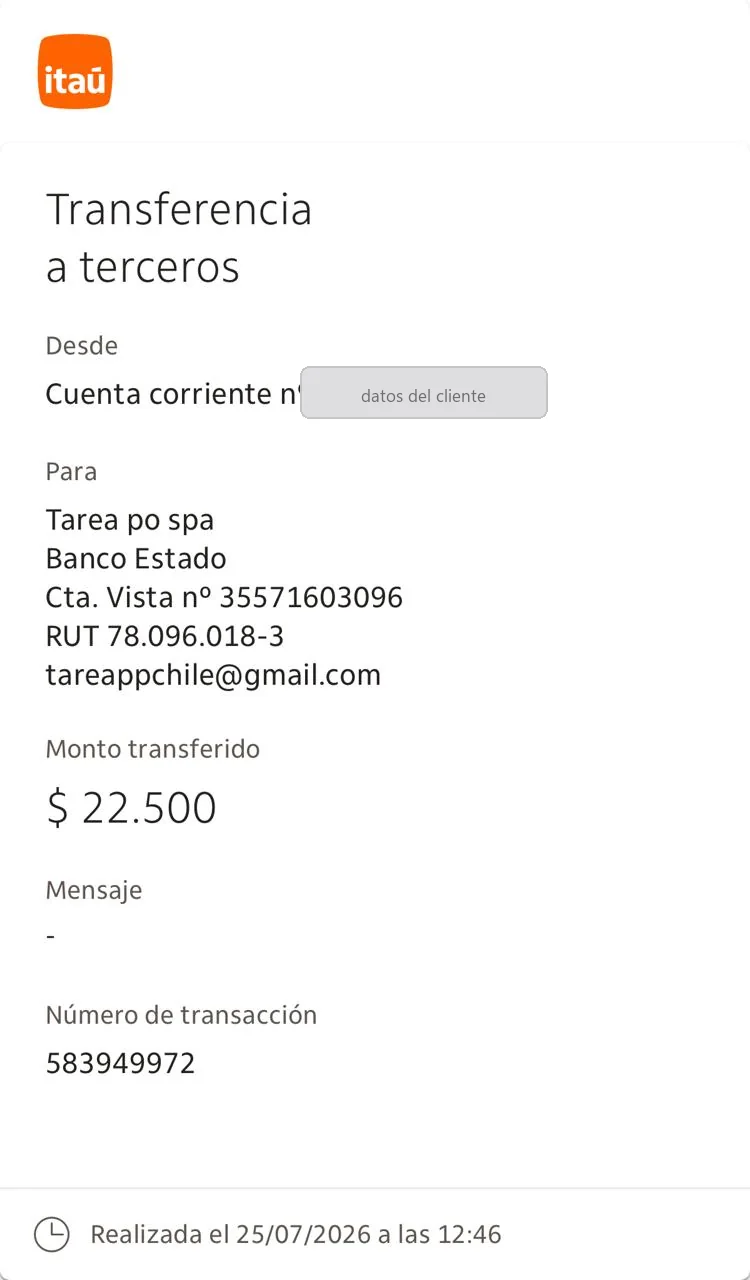 Ejemplo de comprobante de transferencia de Itaú
