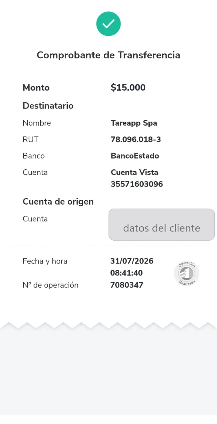 Ejemplo de comprobante de transferencia desde CuentaRUT